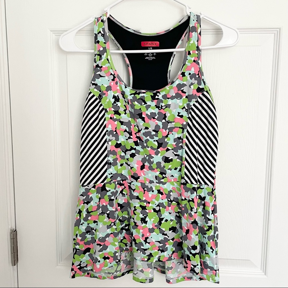Spanx Floral and Striped Peplum Athletic Tank Large Built in Bra